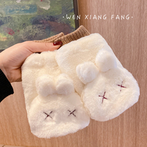 Korean plush gloves female winter ins cute student rabbit flip finger gloves plus velvet thickened warm tide