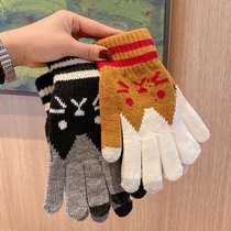 ins gloves female winter cute cat knitted wool thickened riding cold five finger gloves can touch screen students