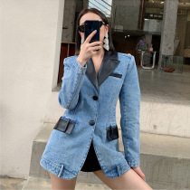  Retro Hong Kong flavor small fragrance denim jacket womens autumn and winter 2021 new net red fried arcade car service niche suit