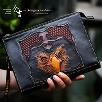 Bin Ji Handmade Envelope Bag for men and women Chinese Wind Genuine Leather Engraving Old Eagle Hands with Crust Clip Wallet Briefcase