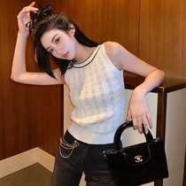 White sleeveless round neck knitted shirt Womens 2021 new summer temperament name warm hollow stretch bottoming vest top