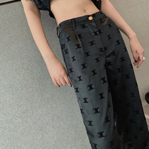 Hong Kong style LOGO printed trousers womens 2021 new autumn high waist straight wide legs hanging Black Ice Silk thin pants