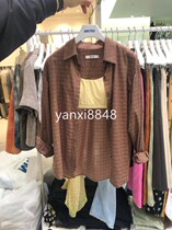 Yanxi Korea East Gate imported 2021 female summer are you-JF Joker lapel commuter Plaid long sleeve shirt