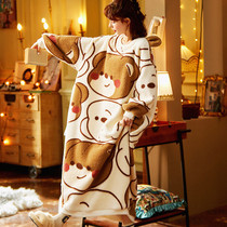 Coral fleece long nightgown women autumn and winter padded plus velvet plus fat size fat mm200 kg loose flannel pajamas