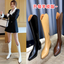 Sheepskin version pointed western cowboy boots female high heel long tube Knight boots thick heel high tube no knee long boots female leather leather