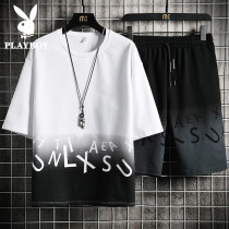 Playboy short-sleeved t-shirt mens suit summer gradient color bottoming shirt tide brand trend half-sleeved ice silk clothes