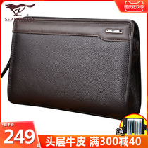 Seven Wolves head layer cowhide handbag men briefcase bag large capacity leather mens bag wrist carry bag wallet