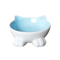 Cat bowl ceramic high foot oblique mouth protection cervical spine double bowl dog bowl food basin shallow mouth water bowl cute pet bowl anti-knock