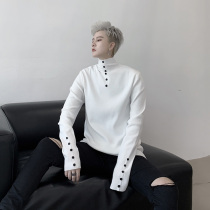 Autumn and winter personalized button decoration Korean slim mens high collar bottomed sweater tide men Youth solid color sweater