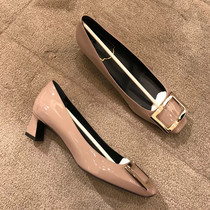 2022 new R Home high-end womens shoes 100 lap lacquered leather square head square button coarse heel heels Heel High Heels Wedding Shoes