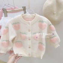 2021 New Girl sweater cardigan spring and autumn thin childrens knitwear peach foreign atmosphere year old baby coat