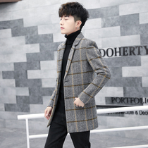 Tide brand 2021 autumn new mens Korean fashion long woolen coat Plaid thickened woolen coat