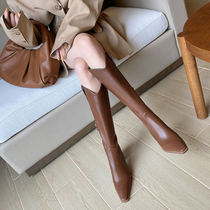  Autumn and winter retro plus velvet mid-barrel pointed boots female real leather high-heeled V-mouth high-barrel thin long-barrel boots female knight boots