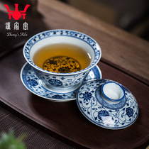 Zhongjia Kiln covers a single hand-painted Lingzhihua blue and white firewood kiln Sancha tea cup Jingdezhen pastoral style ceramic tea set