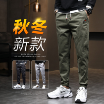  Spring and autumn runner-up green mens pants pure cotton sports tooling casual pants mens teen students loose feet tight
