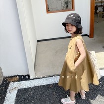 Childrens Clothing 2021 Summer Leisure Fashion Fried Street Japanese Kaxi Sleeveless Vest Long Dress Girls Big Pocket Dress