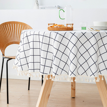 Round table cloth Water-proof oil-proof wash-in plaid small fresh tassel round table tablecloth Nordic round household tablecloth