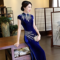2021 new improved gold velvet cheongsam female mother blue high-end catwalk long slim Chinese style dress skirt