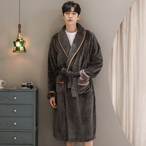 Autumn and winter coral fleece nightgown mens flannel bathrobe pajamas mens extended version thickened morning gown winter plush