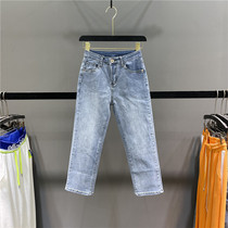 2022 spring summer new small sub 78 straight cylinder jeans woman 100 lap slim height waist elastic smoke pipe pants