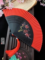 Chinese style classical ancient style small hand-painted big red hollow womens folding fan portable dance fan Hanfu