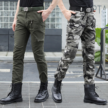 Outdoor sports camouflage casual pants mens elastic slim straight tube multi-pocket military green overalls mountaineering tactical pants