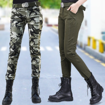 Outdoor sports camouflated small footed pants female elastic body display slim pure cotton workwear pants 90% Pants Military Green Casual Pants Tide