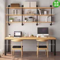 loft solid wood double desk bookshelf combination home student learning desk long table against the wall long computer desk