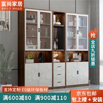 Office childrens net red Solid wood bookcase bookshelf One-piece wall log with glass door Floor-to-ceiling shelf with door