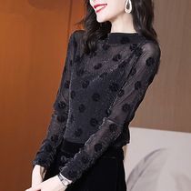 Plus velvet thickened base shirt womens autumn and winter foreign style inside 2021 new fashion shirt mesh warm lace top