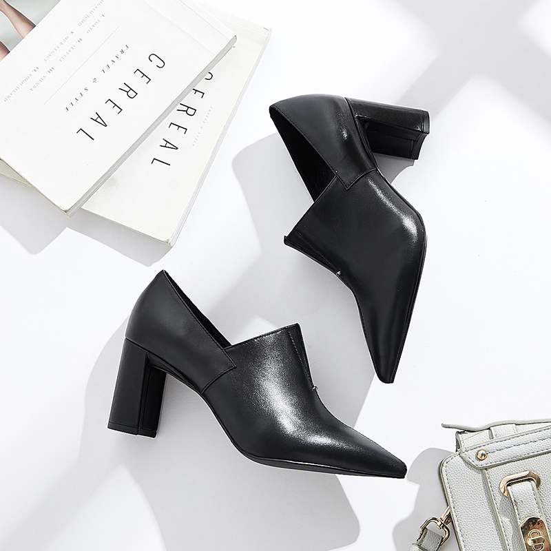 Single Shoe Female Spring 2019 New Coarse-heeled True-leather Black High-heeled Female Shoes Deep-mouthed British Style Small Leather Shoes Female