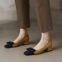 Goat Leather Heel High Heel Shoes Woman Coarse Heel 2022 New Early Spring Retro Style Parquet Color Square Head Method Type Single Shoes