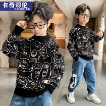 Boys sweater pullover autumn 2021 new middle and big childrens bottoming knitwear plus velvet padded children cotton autumn and winter
