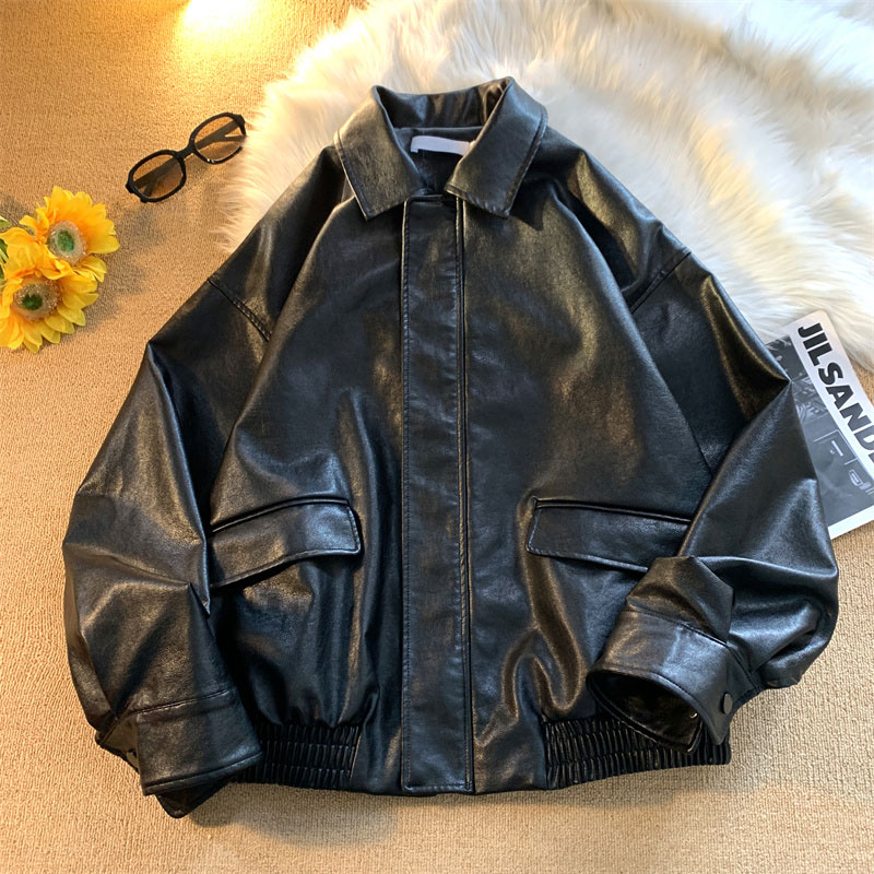 American retro motorcycle leather jacket with men's and women's trendy spring and autumn pocket design casual cardigan fried street PU leather jacket