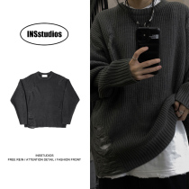 INSstudios Tide brand ins worn out brushed sweater vintage street wool round neck pullover sweater men and women