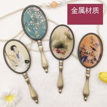 Small round mirror European style portable retro portable bronze makeup mirror Metal handle Female girl dormitory hand-held mirror round