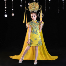 Yellow high-end childrens catwalk dress summer national tide tail Western style childrens clothing cheongsam princess dress girl Chinese style