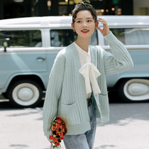 Small fragrant wind V neck knitted cardigan sweater women early autumn 2021 New loose foreign style lazy long sleeve coat top