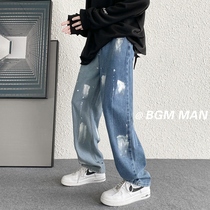 Small Crowdhigh Street Denim Straight Drum Pants Pendant paint oversize washed for old tuggely casual mens pants ins