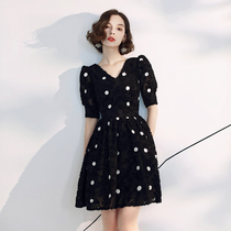 Fan-style small late gown dress woman 2021 new banquet Temperament Black Polo Dot short V collar normal to wear