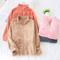 Can wear coral velvet pajamas womens single coat autumn and winter cardigan stand collar home clothing flannel top solid color