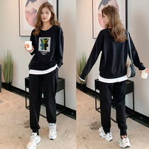 Tide brand 2021 autumn and winter New Korean version of loose sweater set plus velvet fashion leisure sports two-piece female thin