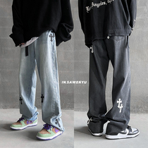 American cross printed jeans loose straight tube high street old pants Spring and Autumn Tide brand mopping trousers men