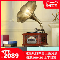  Huahai big horn gramophone Retro living room European-style solid wood vinyl record player Old-fashioned record player Bluetooth audio
