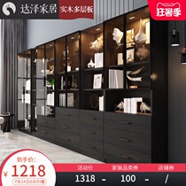 Nordic solid wood glass door Full wall bookcase bookshelf Simple bookcase locker Study with light with drawer can be customized