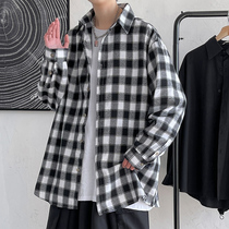Autumn new Japanese casual plaid long sleeve shirt mens large size shirt loose sports thin inch shirt coat