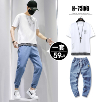 Short-sleeved t-shirt mens 2021 summer new ruffian handsome mens clothes with a set of casual ice silk sports suit