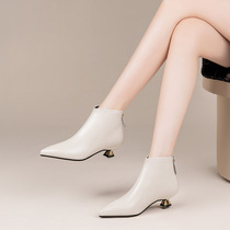 White Short Boots Woman 2022 Spring Fall New Genuine Leather Pointed Cat Heel Short Cylinder Single Boots Low Heel And Ankle Boots Female Boots