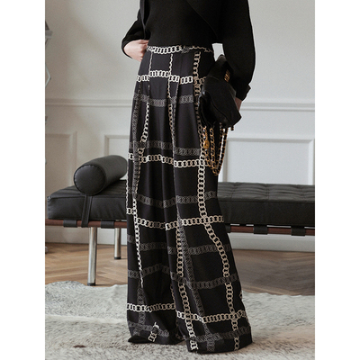 taobao agent Xia Shiwen Modern Focus French retro contrasting printed wide -leg pants Female spring spring spinning mop leisure pants