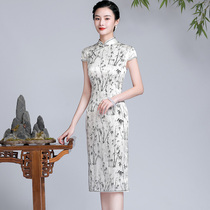 (New product)High-end silk mulberry silk cheongsam improved daily elegant cheongsam womens summer young mid-length